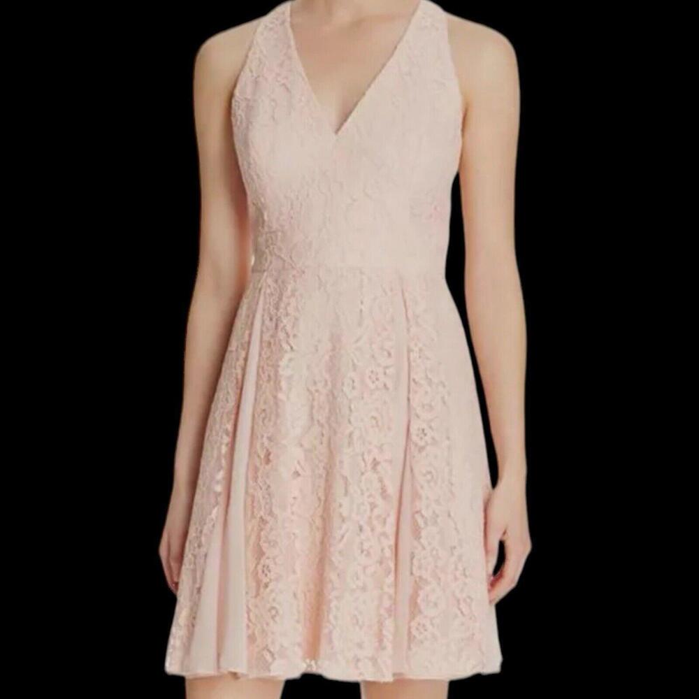 NWT AIDAN MATTOX ~ Pink Lace Illusion Bodice Keyhole Flare Party Dress Sz 4 - Picture 1 of 11